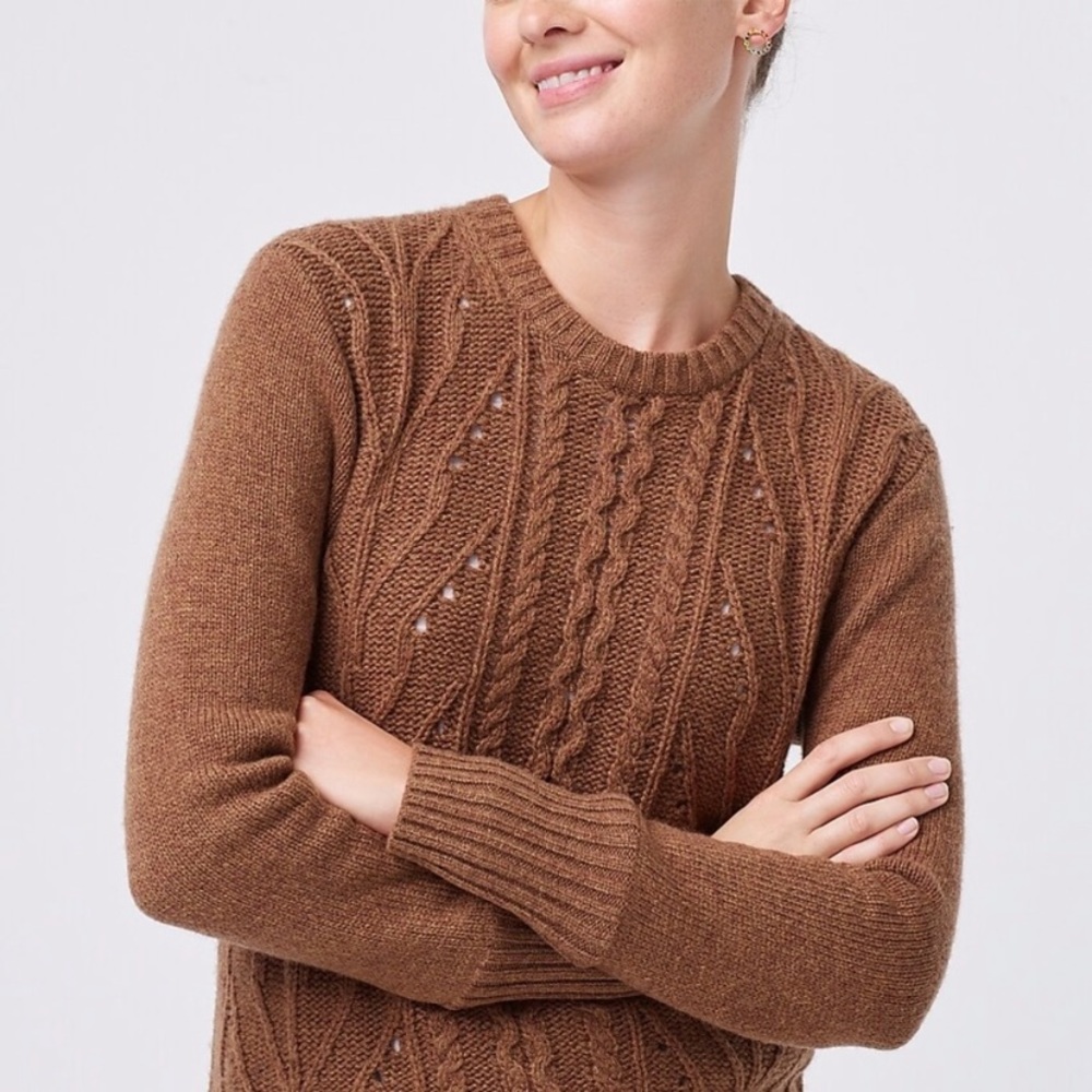 NWT J.Crew Pointelle cable-front sweater Wool Blend Small Brown - Picture 2 of 6